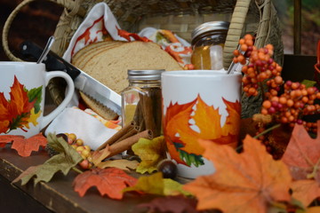 Autumn food set with tea, cup bread, and jelly