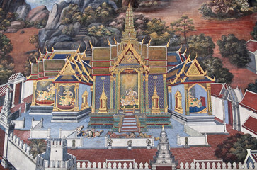 Ancient murals in Wat Phra Kaew in Bangkok, Thailand
