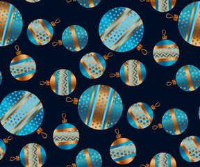 Blue and gold Christmas bauble decor stylized vector seamless pattern on black color. Xmas tree decoration balls with stripe, dots and snowflakes ornament illustration