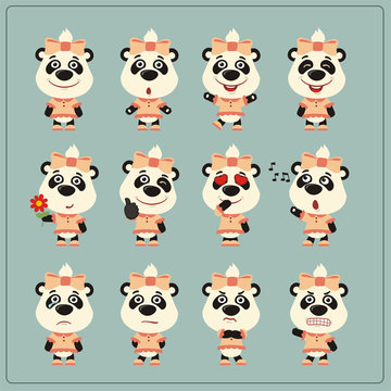 Set of charming little panda bear girl in various poses. Collection emoticons of isolated girls panda bears in cartoon style.