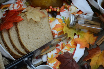 Naklejka na ściany i meble Autumn food set with tea, cup bread, and jelly