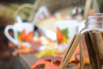Autumn food set with tea, cup bread, and jelly