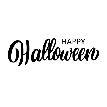 Happy halloween hand lettering, ink brush calligraphy isolated on white background, black type design vector illustration.
