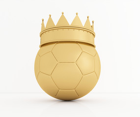 Soccer ball with golden royal crown is a symbol of competition and winner's trophy on white. 3D rendering.