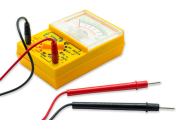 Yellow AC DC Analog Multimeter on white background.