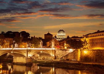 Fototapeta na wymiar The night view of Rome from the Ponte Sant'angelo, Italy