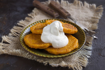 Vegetable pumpkin pancakes. Healthy food.