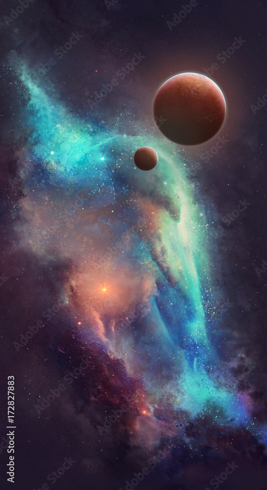 Wall mural red planets against the background of the nebula