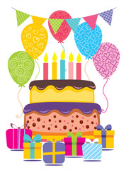 Happy birthday party. Cupcake, cake, balloons, flowers.