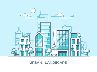 Obraz premium Zielona energia i miasto przyjazne środowisku. Nowoczesna architektura, budynki, wieżowce. Ilustracja wektorowa płaski. Styl 3D.