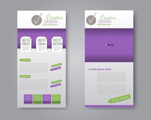 Skinny flyer or leaflet design. Set of two side brochure template or banner.  Vector illustration. Purple and green color.