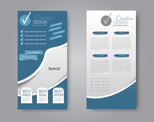 Skinny flyer or leaflet design. Set of two side brochure template or banner.  Vector illustration. Blue color.