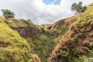 Mountain and savannah field with cloud and blue sky. Rinjani mountain, Lombok island, Indonesia.