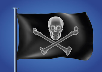 black pirate flag waving on the sky with skull and cross bones