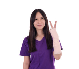 Fototapeta premium Asian lady in purple T shirt with broken arm
