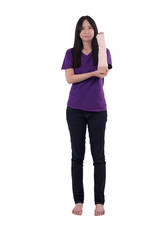 Asian lady in purple T shirt  with broken arm