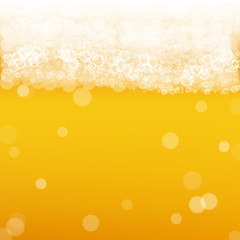 Beer background with realistic bubbles. Cool liquid drink for pub and bar menu design, banners and flyers. Yellow square beer background with white frothy foam. Cold glass of ale for brewery design.
