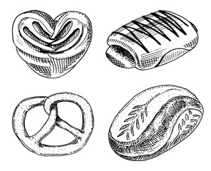 bread and pastry donut, sweet bun or bagels with chocolate. engraved hand drawn in old sketch and vintage style for label and menu bakery shop. organic food of flour.