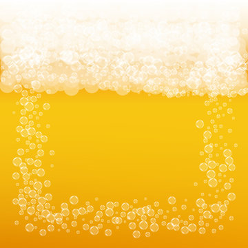 Beer background with realistic bubbles. Cool liquid drink for pub and bar menu design, banners and flyers. Yellow square beer background with white frothy foam. Fresh cup of lager for brewery design.