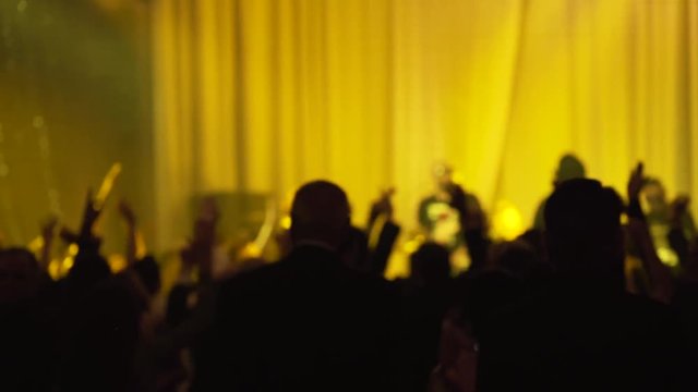 A crowd of people partying at the concert. A group of people is dancing in the club along with the singer. A security is standing in the middle watching