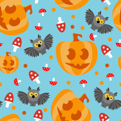 Seamless pattern. Halloween. Owl, pumpkin with a smile, mushrooms, toadstools against a blue background. Vector background.