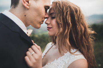 Sensual portrait of a young wedding couple. Outdoor