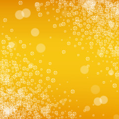 Beer background with realistic bubbles. Cool liquid drink for pub and bar menu design, banners and flyers. Yellow square beer background with white frothy foam. Cold pint of golden lager or ale.