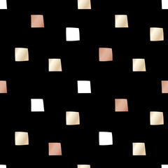 Black festive packaging paper with squares made of gold and bronze foil. Seamless vector pattern.