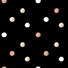 Black festive packaging paper with dots made of gold and bronze foil. Seamless vector pattern.