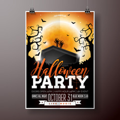 Halloween Party flyer vector illustration with black coffin and zombie hand on orange moon sky background. Holiday design with spiders and bats for party invitation, greeting card, banner, poster.