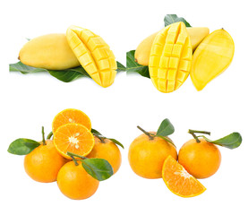 Orange and mango isolated on white background.