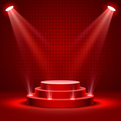 Stage podium with lighting, Stage Podium Scene with for Award Ceremony on red Background, Vector illustration