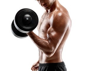 Fototapeta na wymiar Handsome muscular man with bare chest lifting dumbbell, studio shot on white background