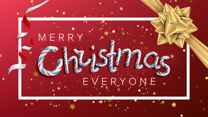 Merry Christmas Text Vector. Realistic Bow. Christmas Greeting Card. Modern New Year Poster, Brochure, Flyer Template Design. Holiday Illustration