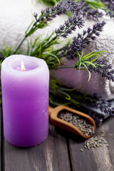 Lavender spa setting. Wellness theme with lavender products.