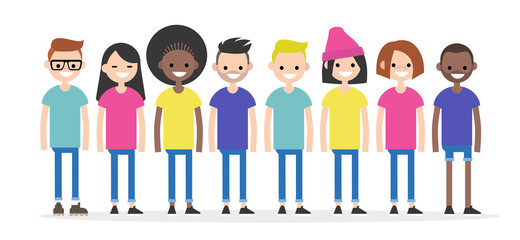 Set of characters wearing colourful t-shirts. Diversity conceptual illustration. Multiracial group of young people. Flat editable characters, clip art