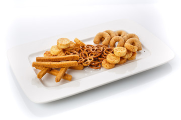 Snack for beer. Different types of crackers