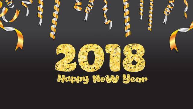 Happy new year. Gold glitter 2018. Golden text  and confetti isolated on black background
