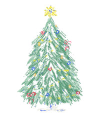 Christmas tree with golden star, candles, red bows, snow, hearts. Green symbol of Merry Christmas and Happy New Year for greetings cards, invitations, party, banners, advertising, shop, covers