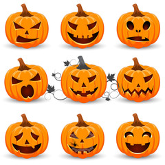 Set pumpkin on white background. The main symbol of the Happy Halloween holiday. Orange pumpkin with smile for your design for the holiday Halloween. Vector illustration.