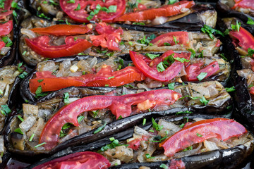 Stuffed eggplants with onions, otherwise called imam bayildi, a traditional dish of Greece, Turkey and other Middle East countries