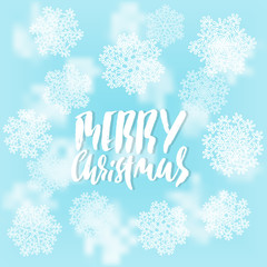 Merry Christmas handwritten lettering design on blur blue background. Vector illustration. White snowflakes winter pattern. EPS 10