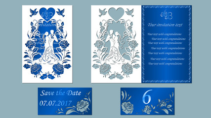Fototapeta na wymiar Vector illustration Postcard. Invitation and greeting card with the groom and the bride under. Arch of flowers. Pattern for the laser cut, boy and girl. roses, pigeons, heart. blue, white