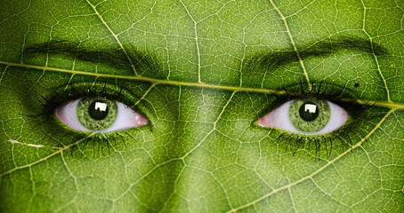 Leaf texture on human face. Ecology concept.
