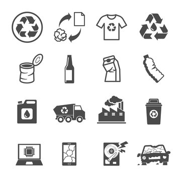 Recycling garbage, Contains such Icons as Waste, Paper, Plastic, Metal , Glass, E-Waste and more.