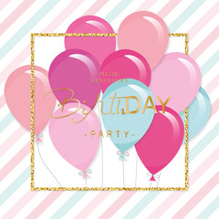 Birthday greeting card with colorful balloons and glitter frame. Festive holiday template.