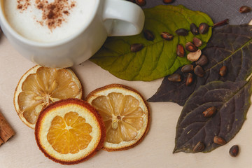 Cocoa or latte or hot chocolate with cinnamon. On a bright wooden background.