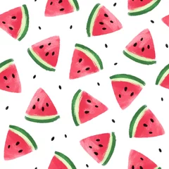 Keuken foto achterwand Watermeloen Naadloos patroon met watermeloenen. Watermeloen segmenten geïsoleerd op een witte achtergrond. Illustratie schilderij