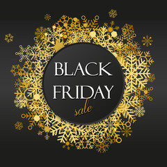 Black friday offers, black friday banner with golden snowflakes on dark background 