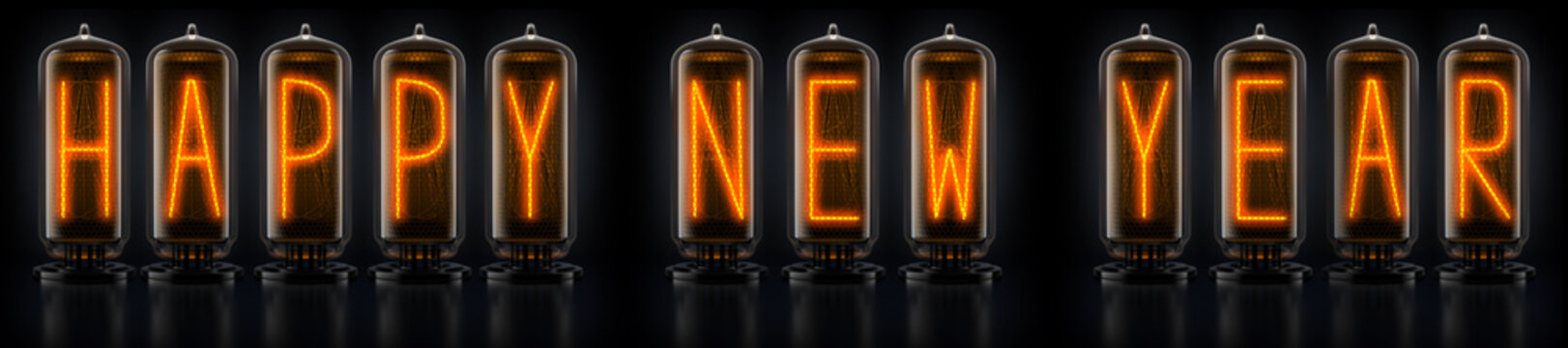 nixie tube digits Happy new year on black background 3d rendering